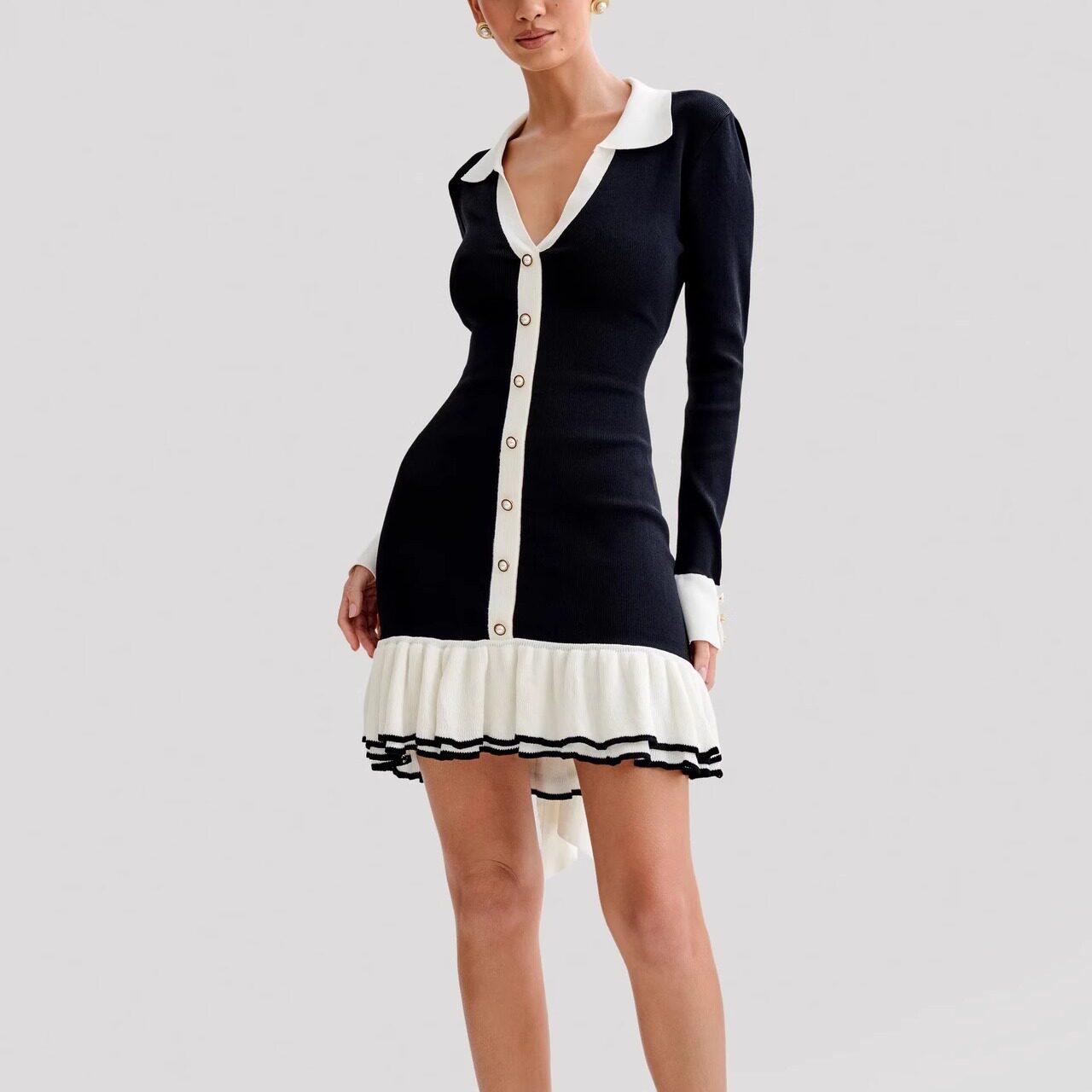 Women Bow Tied Back Knitting Dress蝴蝶结长袖绑带荷叶边针织裙