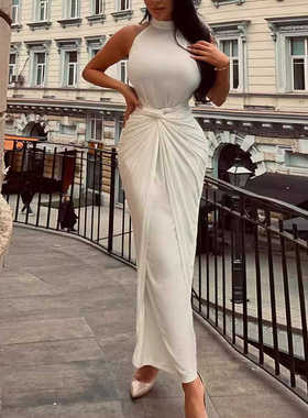 白色无袖腰部绑带紧身连衣裙 Sleeveless Waist Tie Tight Dress