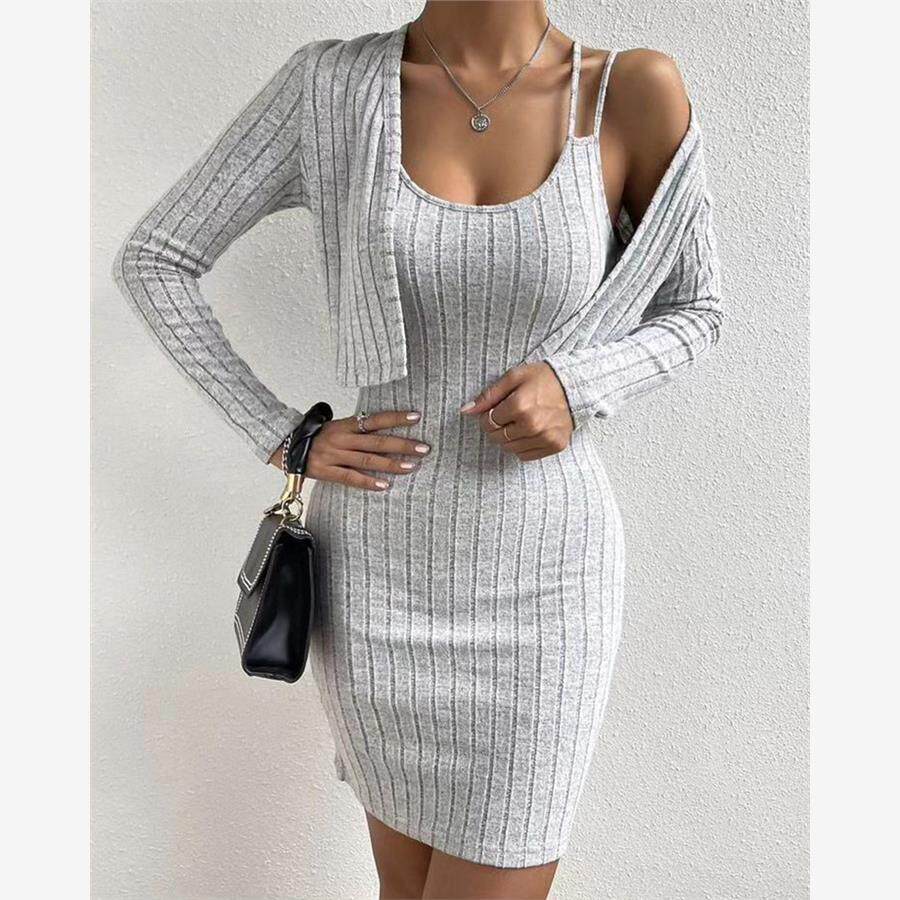 Double Straps Knitting Dress Sets坑条长袖开衫吊带紧身裙套装