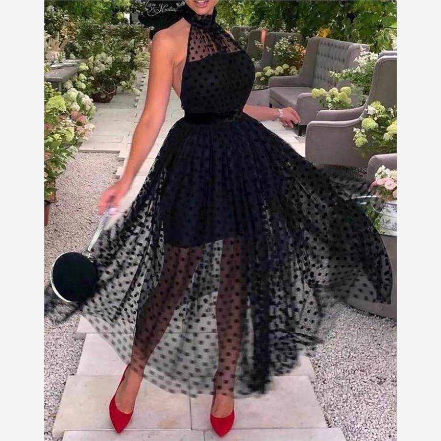 Halter Backless Dot Mesh Prom Dress网纱波点无袖挂脖连衣裙