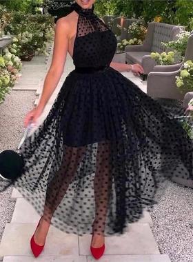 Halter Backless Dot Mesh Prom Dress网纱波点无袖挂脖连衣裙