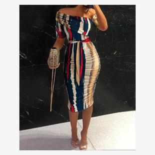 Bodycon Striped Ruched Shoulder Dress性感弹力连衣裙 Cold