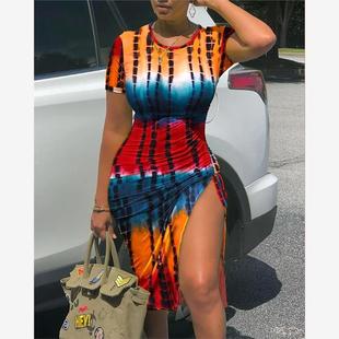 Tie Ruched Dye Drawstring Dress Print 扎染彩色印花性感紧身裙