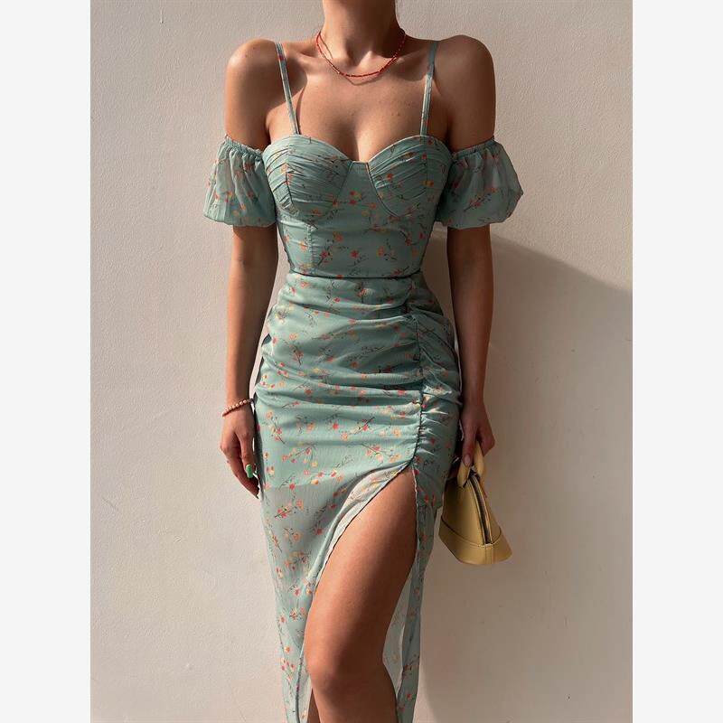 Women Cold Shoulder Slit Dress欧美印花裹胸开叉漏肩吊带连衣裙