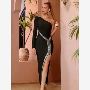Sleeve Long Shoulder Party Dress Sequins Bandage One