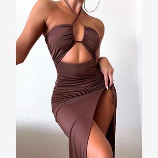 Bodycon Cutout Slit Ruched Dress挂脖抽褶开叉长裙 Drawstring