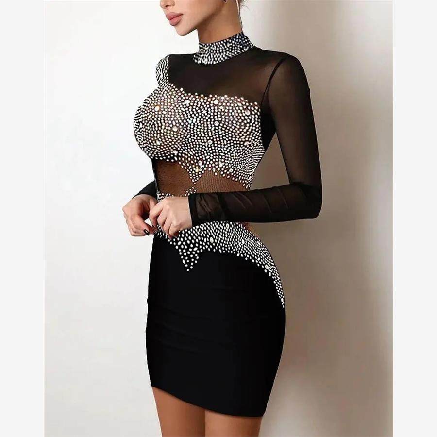 烫钻圆领网纱紧身裙 Rhinestone Decor Sheer Mesh Bodycon Dress