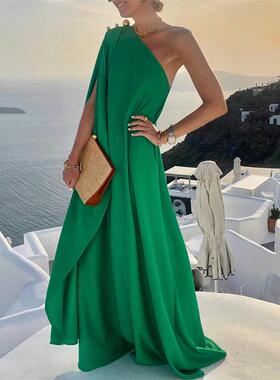 Solid Green One Shoulder Dress欧美度假风绿色单肩长款连衣裙女