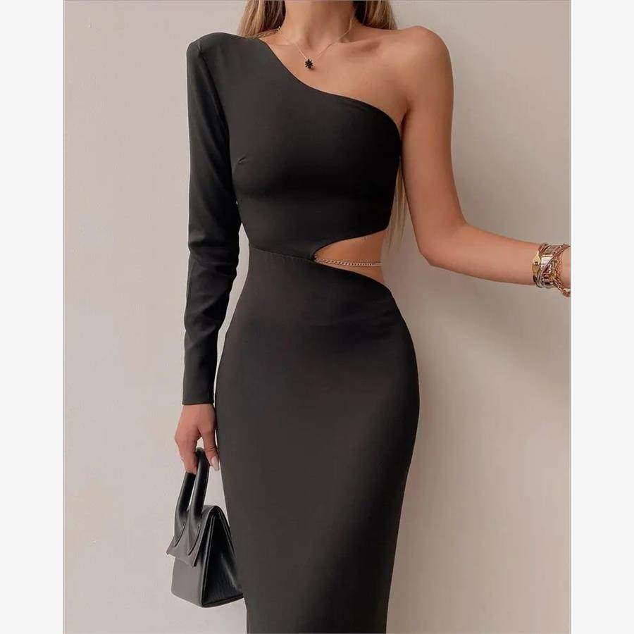 One Shoulder Chain Cutout Bodycon Dress侧链细节单肩连衣裙