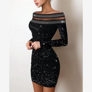 Bodycon Glitter Dress Rhinestone 网纱拼接一字肩烫钻连衣裙