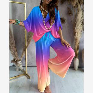 Ombre Sleeve Batwing Casual Pants Top 裤 子套装 Set印花上衣