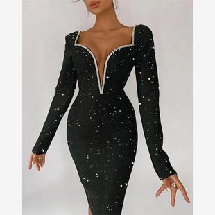 Rhinestone Party Decor Slit Dress黑色闪光连衣裙 High Glitter