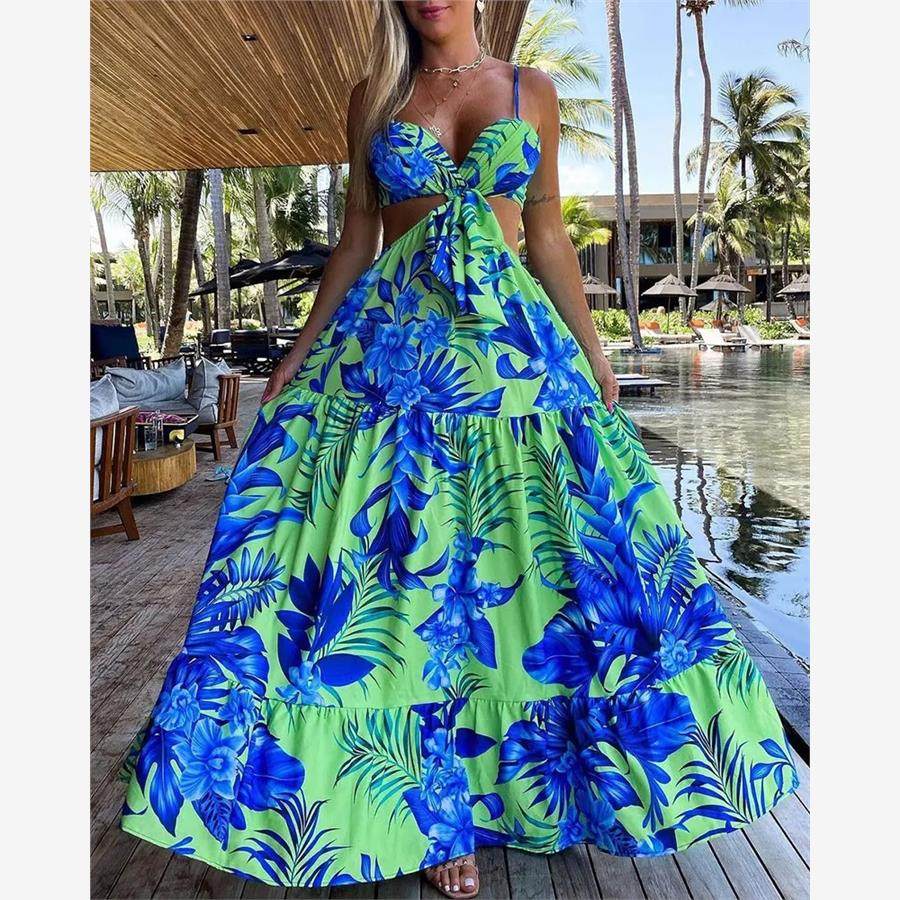 吊带满身花卉长裙Cutout Tied Detail Tropical Print Cami Dress