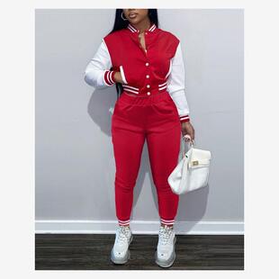 Bomber Jacket & Striped Trim Pants Set拼接长袖外套裤子两件套