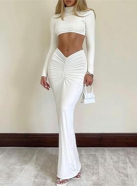 Long Sleeve Crop Top & Ruched Maxi Skirt Set白色性感套裙