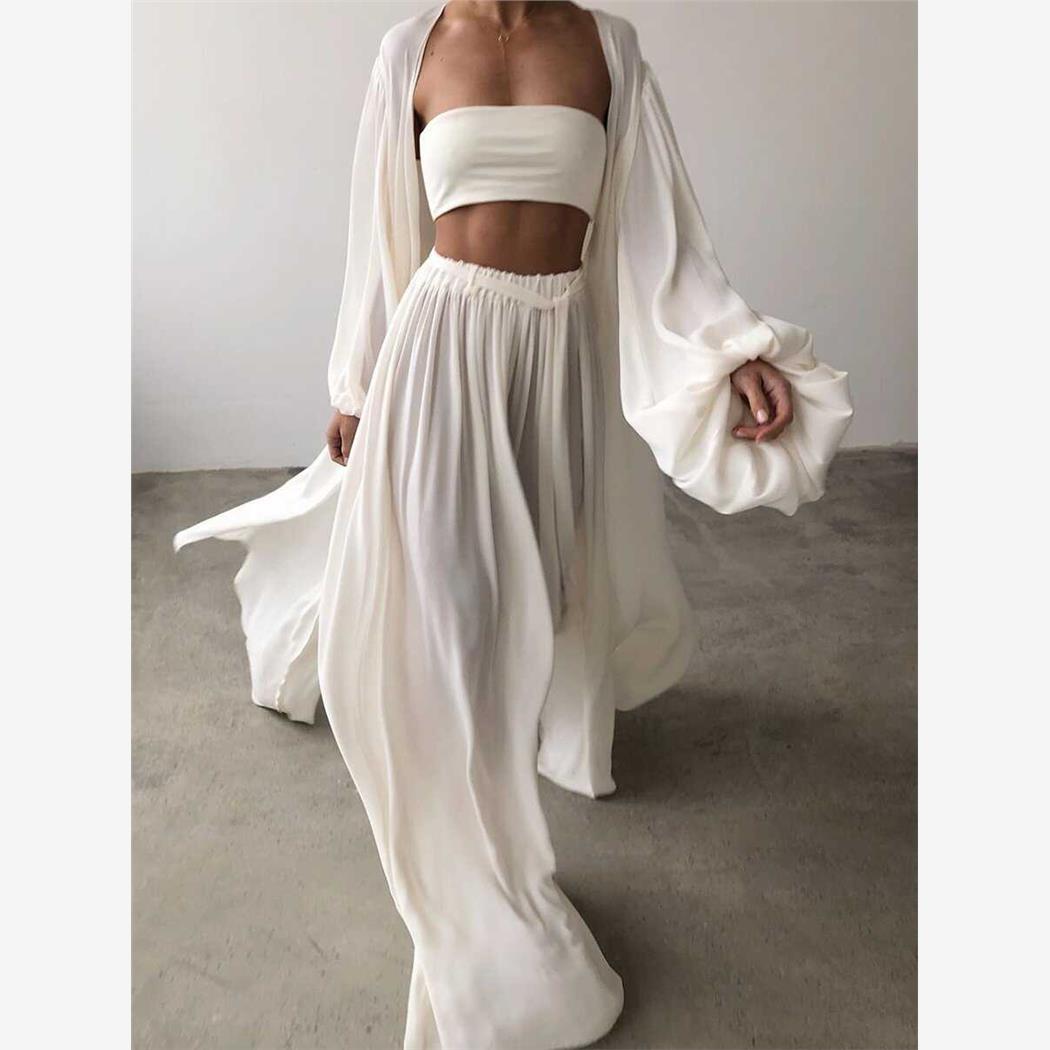 性感开衫抹胸阔腿拖地裤三件套 Cardigan Strapless Pants Set