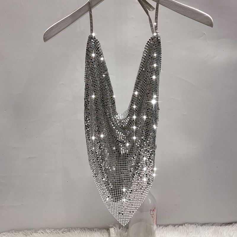 时尚雅妮低胸露背闪钻吊带深V夜店表演露脐金属铝片短款亮片上衣