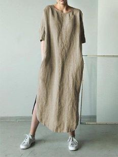 Neck Crew Loose Dress圓領(lǐng)開(kāi)叉連衣裙 Sleeve Slit Mid Casual