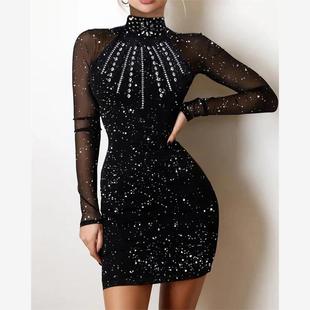 Party Glitter Mesh Sheer Dress网纱拼接烫钻连衣裙 Rhinestone