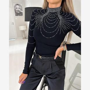 黑色烫钻t恤修身上衣 Rhinestone Decor Mock Neck Slim Top