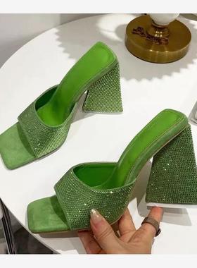 Summer Thick heel Slippers Woman Square toes Party shoes