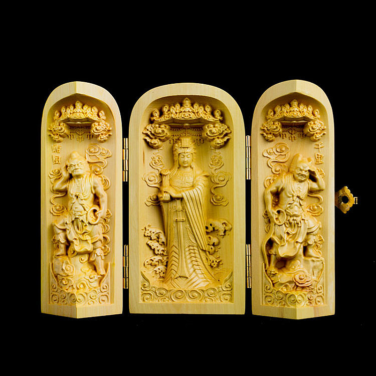 黄杨木精雕妈祖娘娘神像/随身神龛/千里眼顺风耳/神像佛像画像/