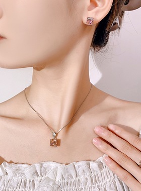 新款铜镀银仿帕帕拉恰吊坠简约项链女仿彩宝镶钻方形耳钉开口戒指