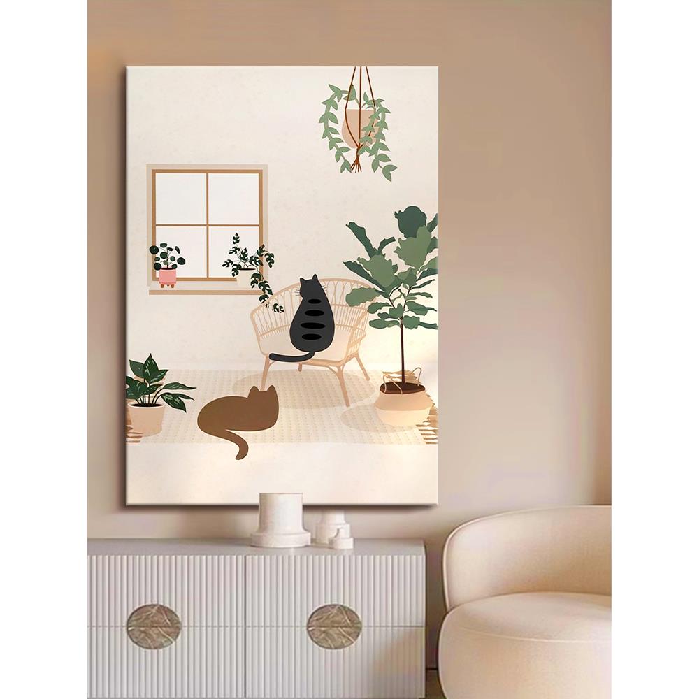 奶油风抽象小众艺术猫咪手绘油画客厅玄关装饰画动物咖色餐厅挂画