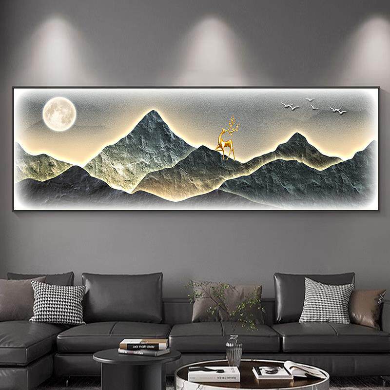 现代轻奢卧室装饰画主卧床头挂画高级感山水画壁灯背有靠山客厅画