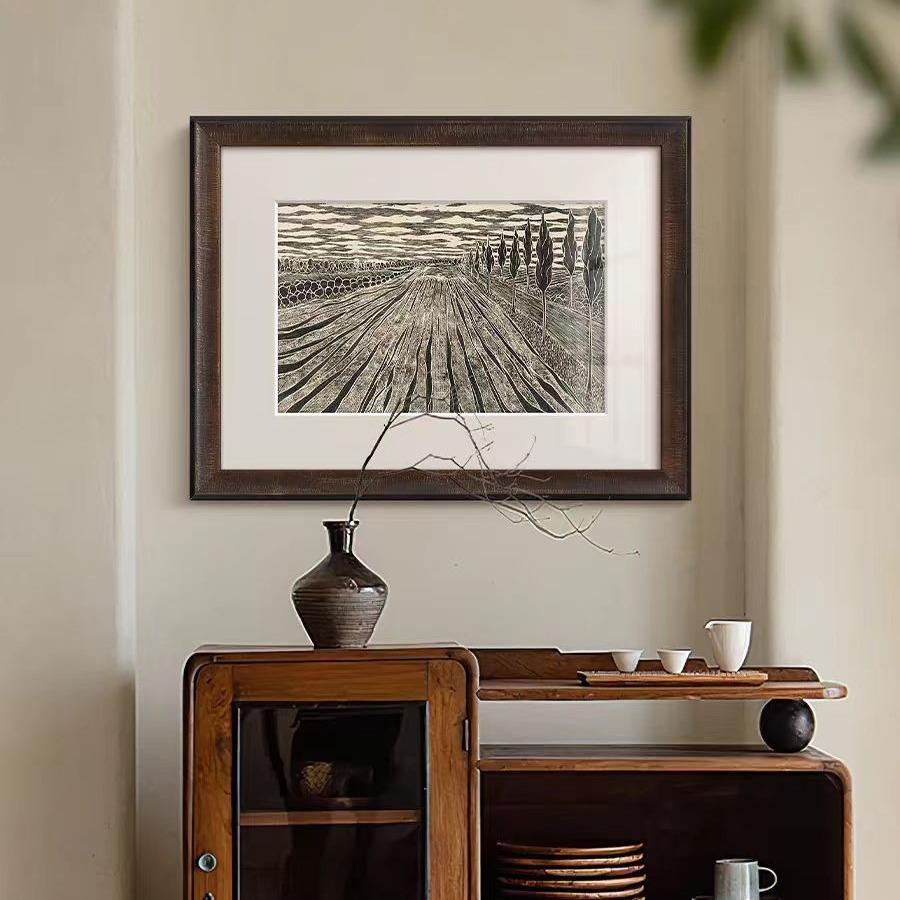 法式中古风客厅装饰画小众艺术黑白高级感风景画玄关书房复古挂画