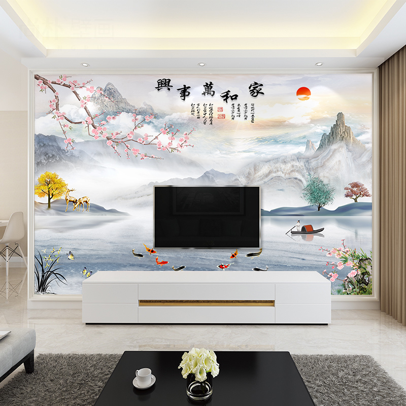 电视背景墙壁纸贴画客厅中式山水装饰自粘2023新款影视墙布8D立体图片
