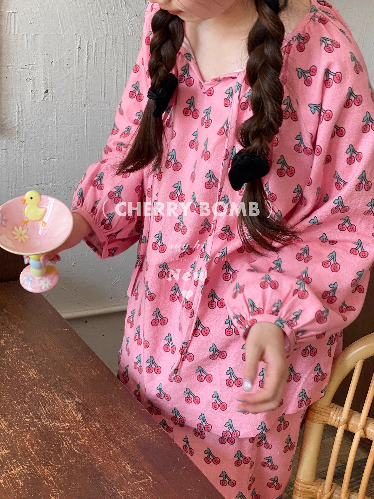 Cherry Bomb正品秋冬韩版可爱少女樱桃磨毛长袖长裤拉绒纯棉睡衣