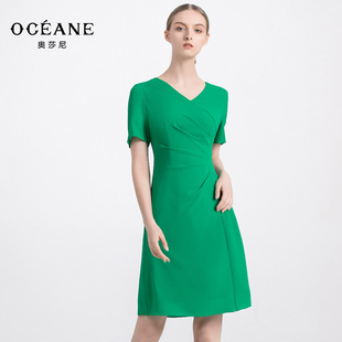 连衣裙子 OCEANE 新品 奥莎尼2020夏季 绿色纯色修身 百搭圆领短袖