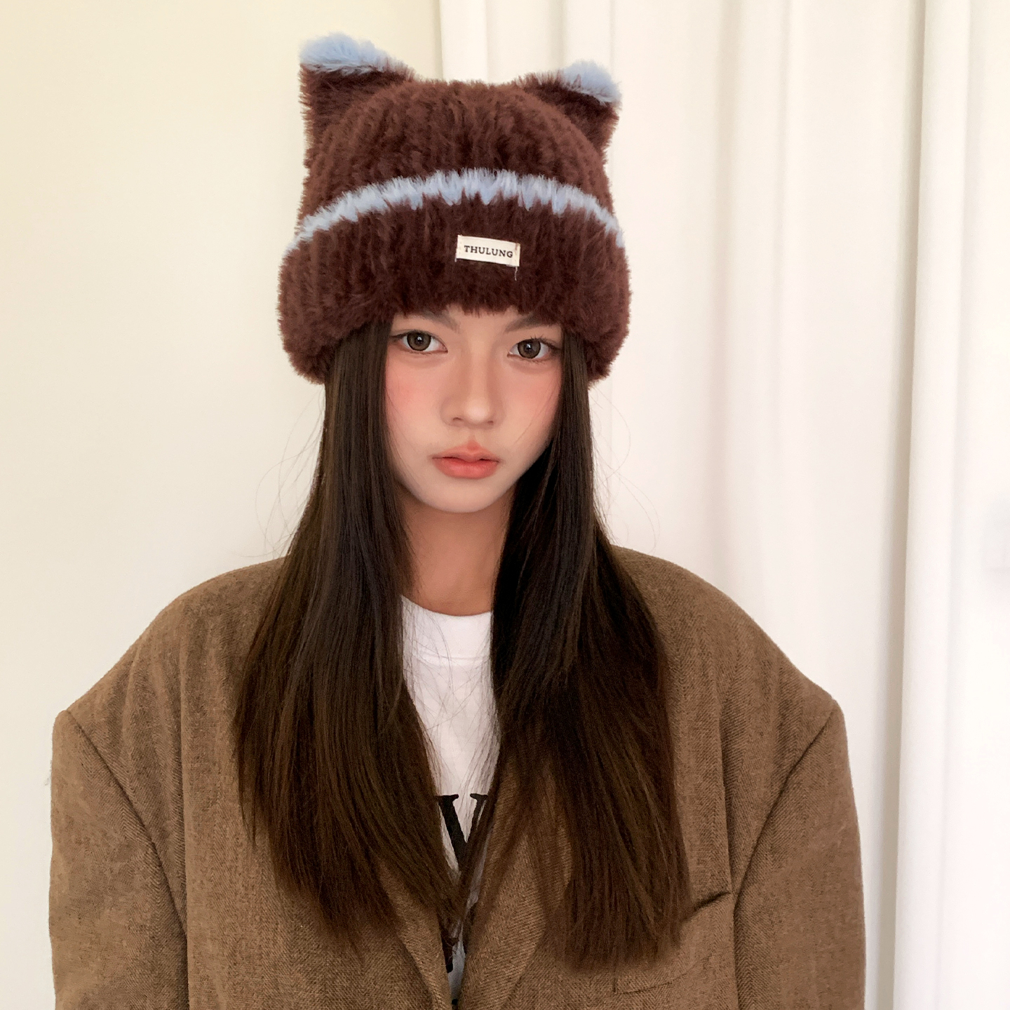 日系撞色猫耳朵毛线帽子女秋冬百搭加厚保暖毛绒绒包头冷帽显脸小