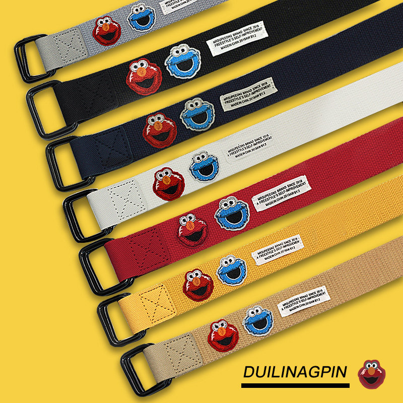 韩国ins风芝麻街卡通可爱原宿帆布腰带学生牛仔裤休闲裤带双环扣