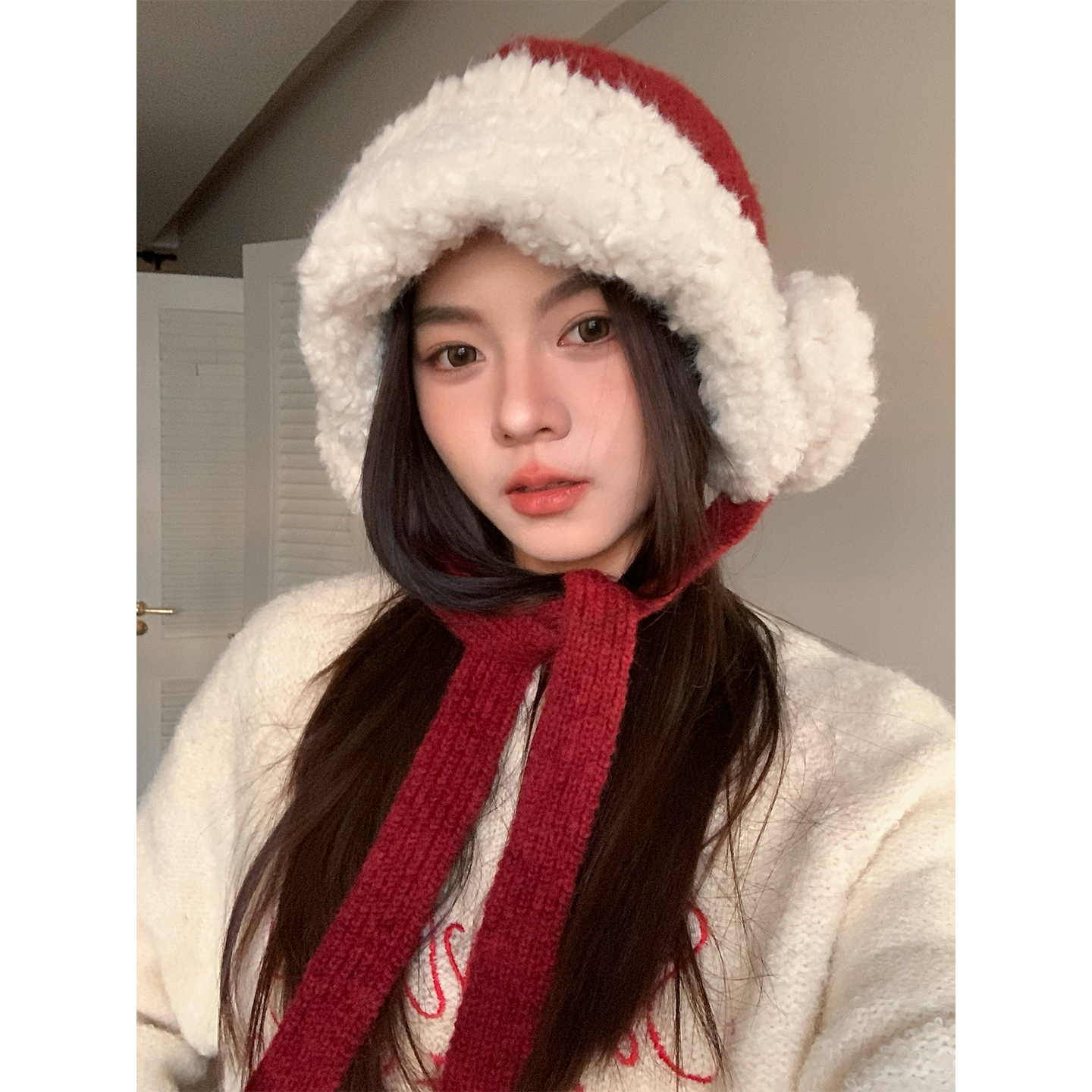 红色加厚毛绒耳机装饰护耳帽女冬季大头围防风骑行滑雪保暖雷锋帽