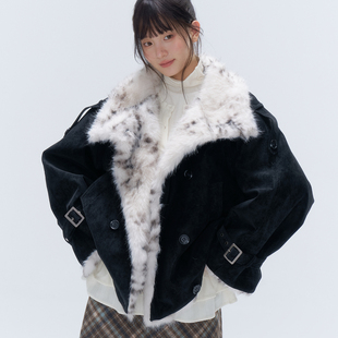 chaoschaos环保皮草豹纹皮革拼接大翻领外套夹棉加厚保暖派克服