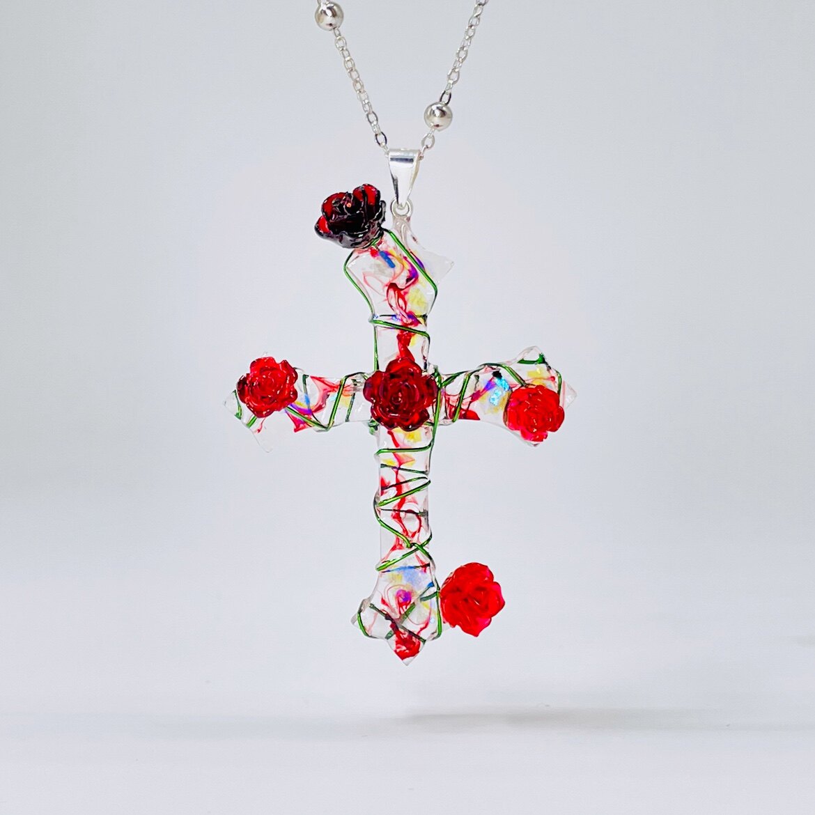 喵可手工制作s925纯银十字架项链玫瑰花吊坠设计感气质可爱项坠