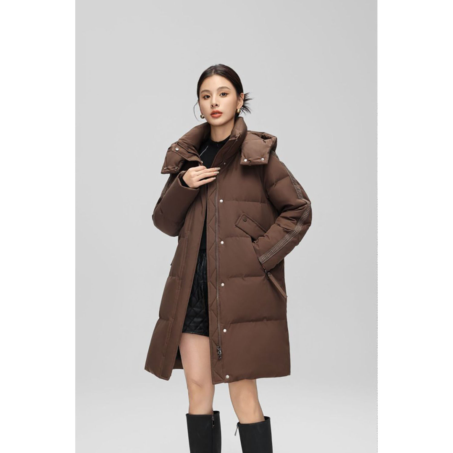 新款女士羽绒服冬季韩系休闲立领连帽中长款保暖外套26380