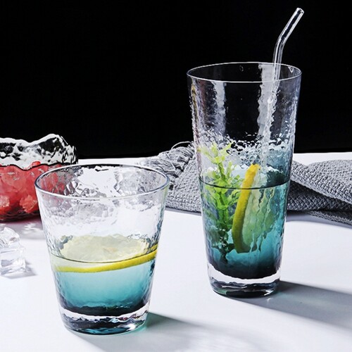 日式蓝色锤目纹鸡尾酒甜品玻璃杯