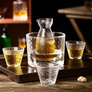 小酒杯清酒壶水晶玻璃黄酒温酒器家用烫酒壶锤纹白酒杯烈酒杯 日式