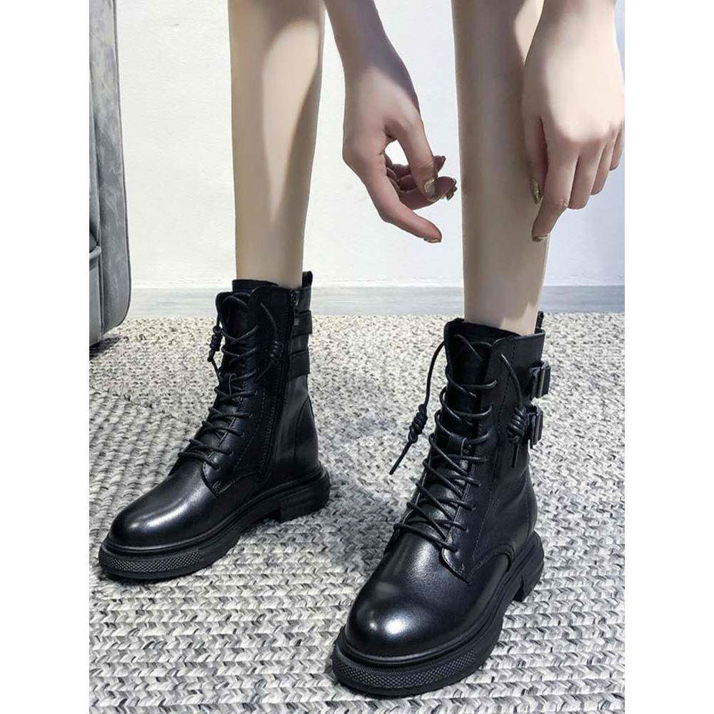 潮牌2025年秋冬新款马丁靴女厚底短靴真皮侧拉炼英伦中筒机车单靴