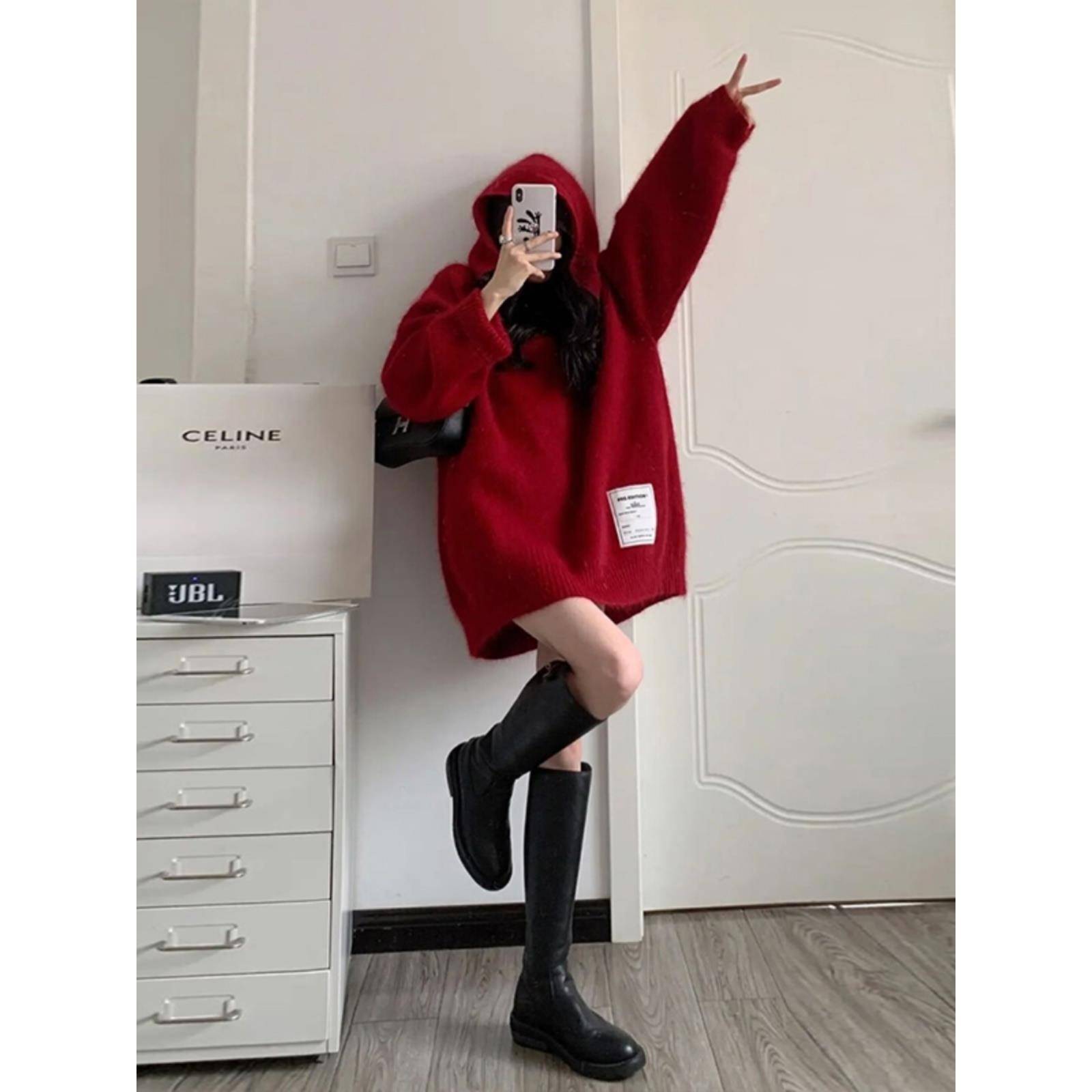 欧洲站2025秋冬新款慵懒风红色连帽圣诞毛衣针织短裙韩版连衣裙女