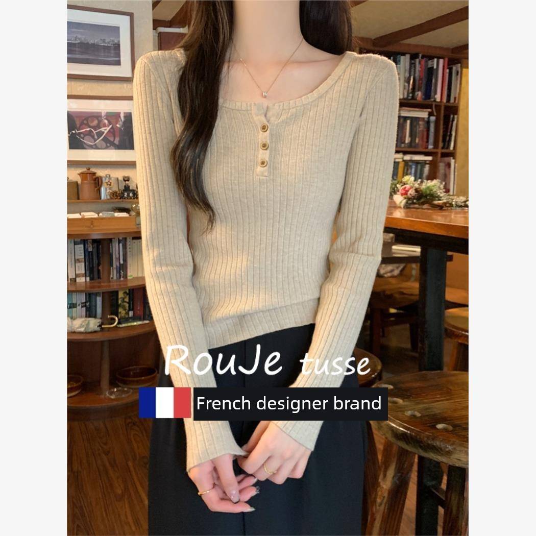 Rouje tusse方领羊毛针织毛衣羊绒打底衫女肌理感修身纽扣上衣秋