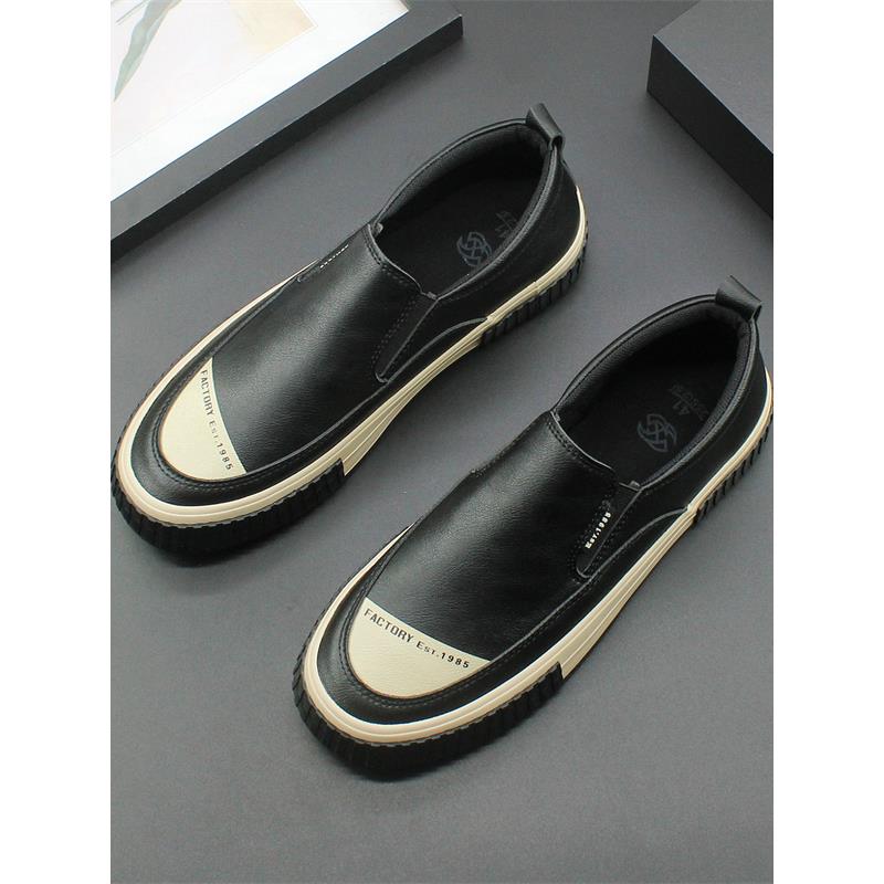 男士真皮潮流英伦休闲皮鞋2025春秋新款拼色防滑一脚蹬板鞋乐福鞋