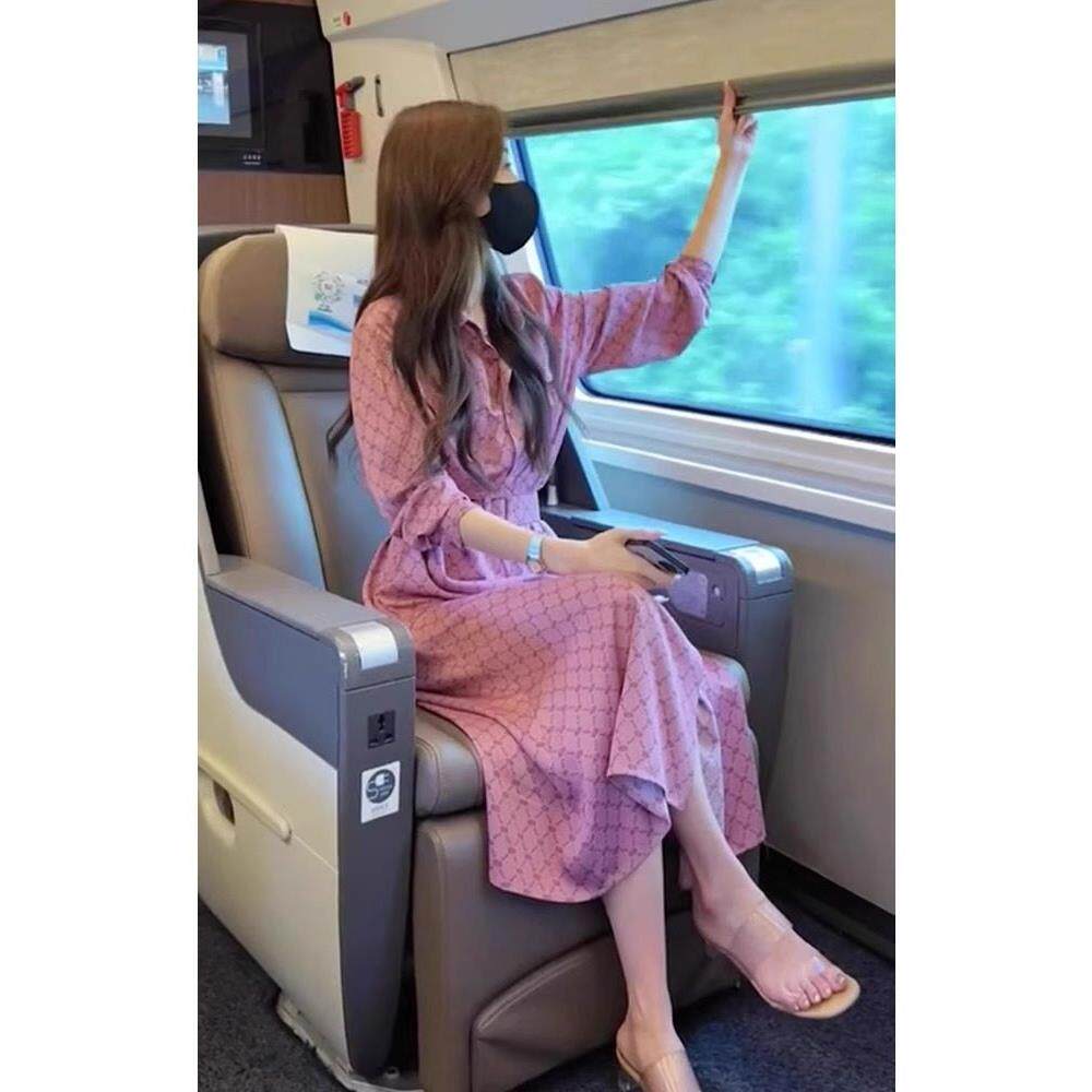 欧洲站春装女款2026年新款法式气质名媛长裙子粉色长袖衬衫洋装