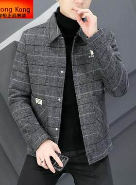 毛呢外套男短款秋冬季2025新款加厚翻领高端格子夹克男士羊毛大衣