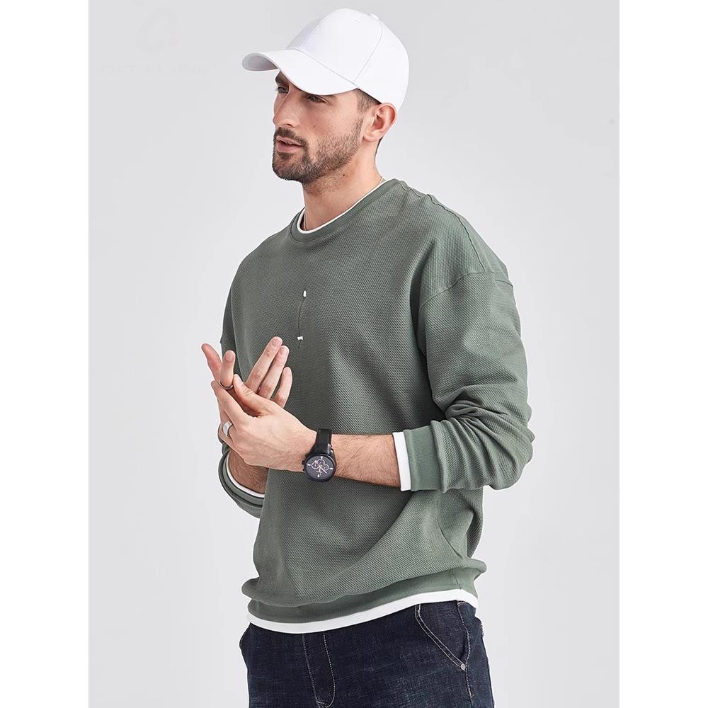 GM新潮 男士350g双面提花春秋季新款宽松刺绣假两件上衣圆领卫衣