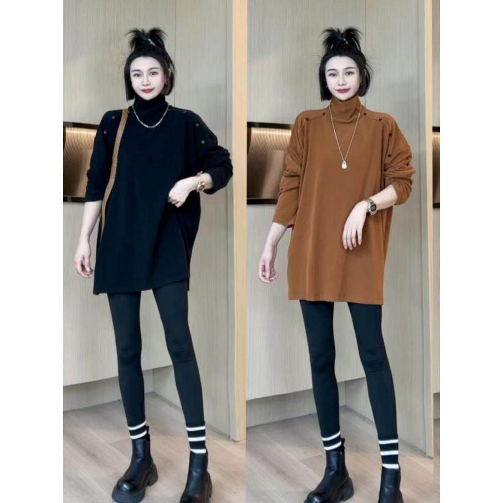 香港设计感斜边扣高领打底衫2025冬季新款大码胖妹妹软糯宽松上衣