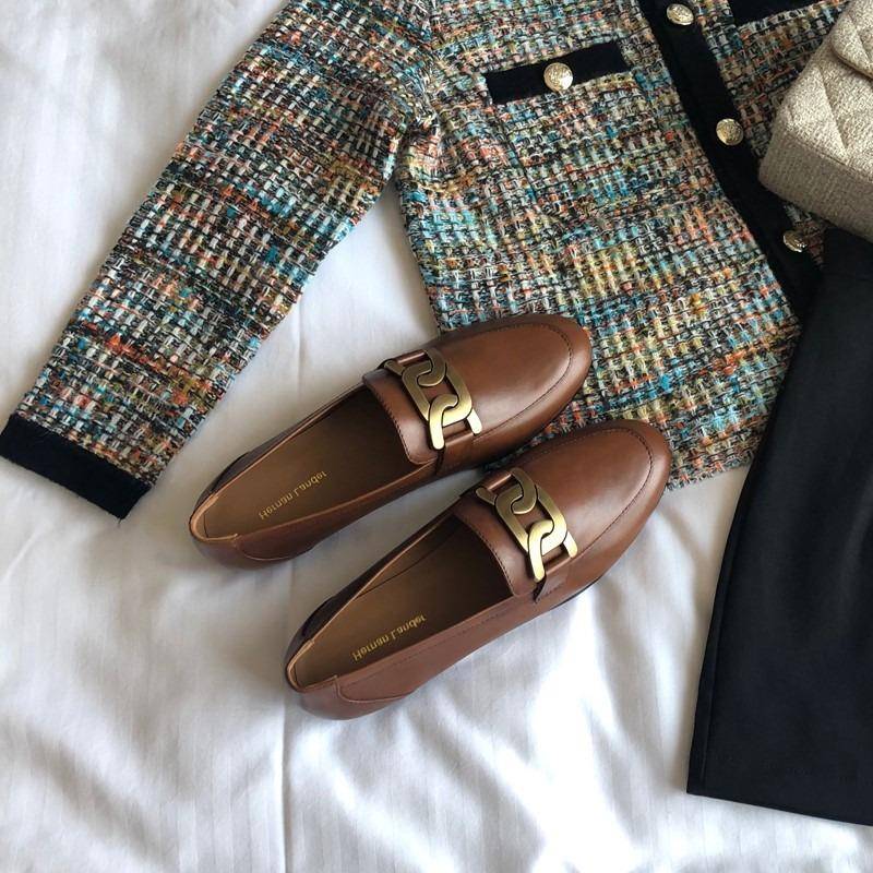 港风单鞋英伦风休闲 ins小皮鞋女平底覆古金属扣一脚蹬真皮软皮乐